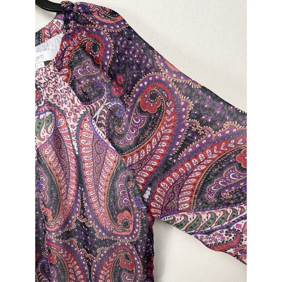 Loft Women's Sz XL Blouse Top Multicolored Paisley Print Lined Ruffle Trim - Picture 13 of 16